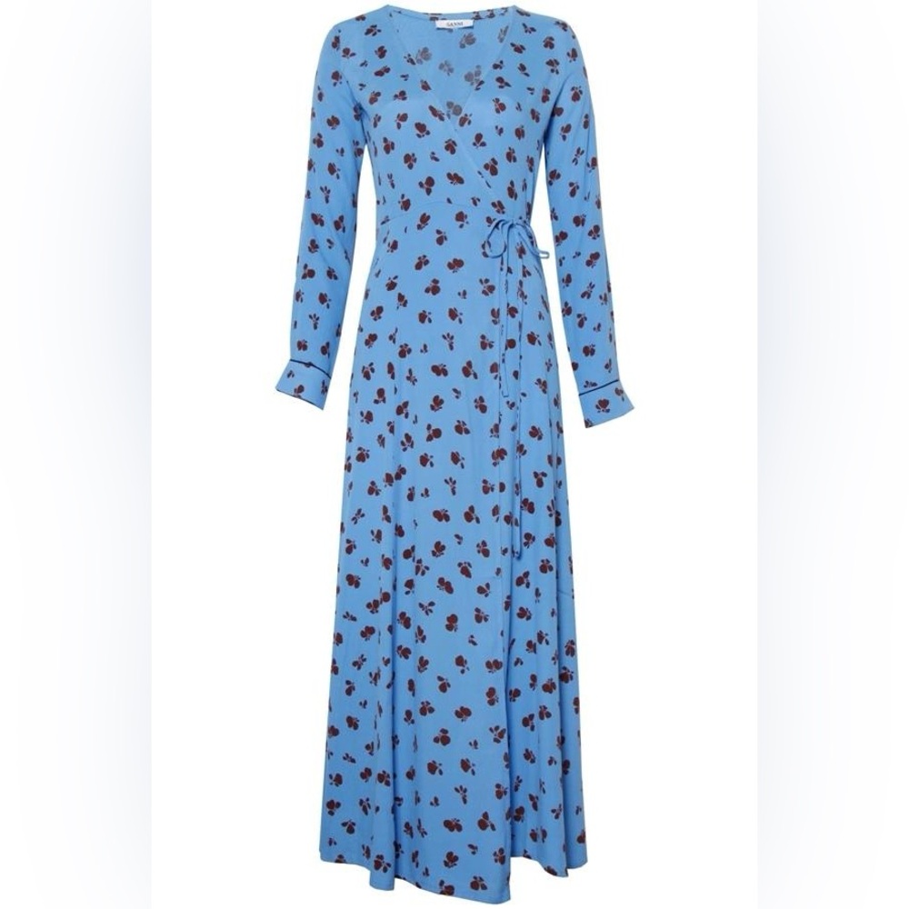 Ganni Blue Floral Wrap Dress